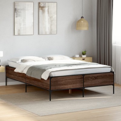 Estructura cama madera ingeniería metal marrón roble 150x200 cm