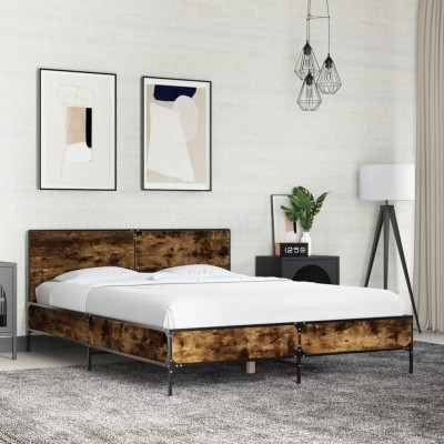 Estructura cama madera ingeniería metal roble ahumado 120x200cm