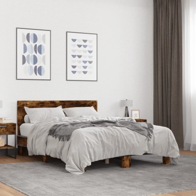 Estructura cama madera ingeniería metal roble ahumado 140x200cm