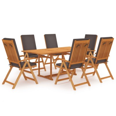 Set de comedor para jardín 7 piezas teca maciza y cojines gris