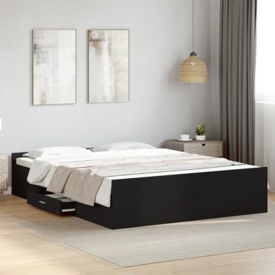 Estructura cama con cajones madera ingeniería negra 150x200 cm