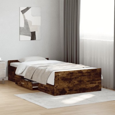 Cama con cajones madera de ingeniería roble ahumado 90x190 cm