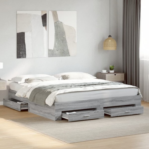 Cama con cajones madera ingeniería gris Sonoma 200x200 cm