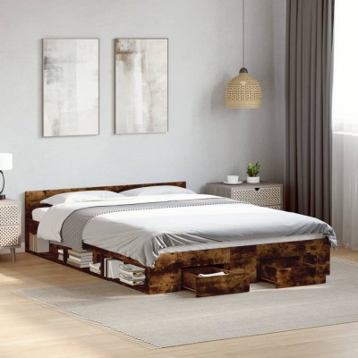 Cama con cajones madera de ingeniería roble ahumado 120x200 cm