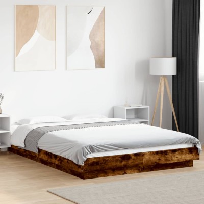 Estructura cama con luces LED madera roble ahumado 120x200 cm