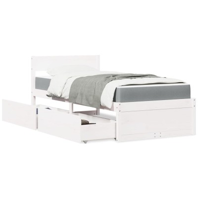 Cama con cajones y colchón madera maciza pino blanco 90x200 cm