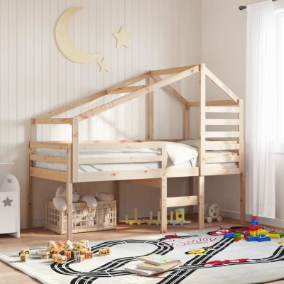 Cama alta con techo madera maciza de pino 80x200 cm