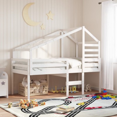 Cama alta con techo blanca madera maciza pino blanca 90x200 cm