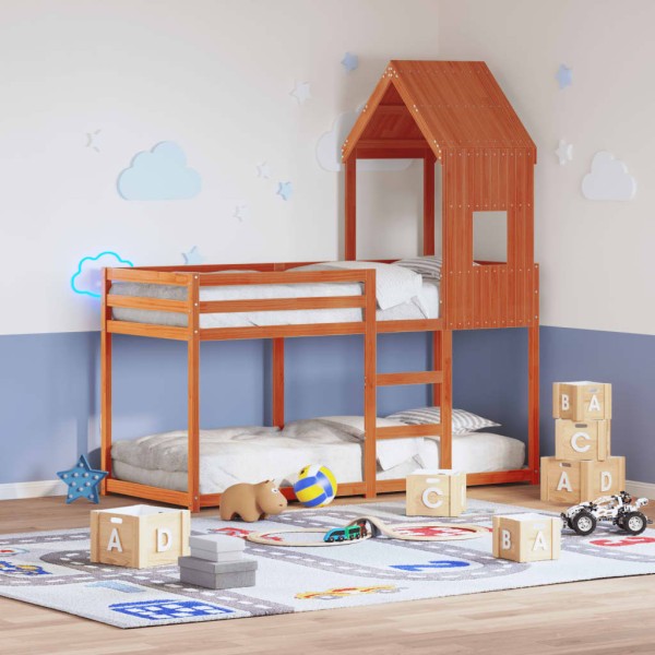 Cama litera con techo madera maciza pino marrón 90x200 cm