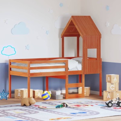 Cama alta con techo madera maciza de pino marrón cera 90x190 cm