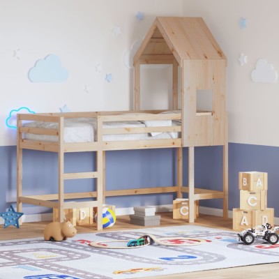 Cama alta con escalera y techo madera maciza de pino 80x200 cm