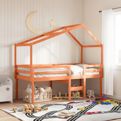 Cama alta con techo madera maciza de pino marrón cera 75x190 cm