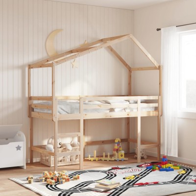 Cama alta con escalera y techo madera maciza de pino 80x200 cm