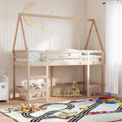 Cama alta con escalera y techo madera maciza de pino 80x200 cm