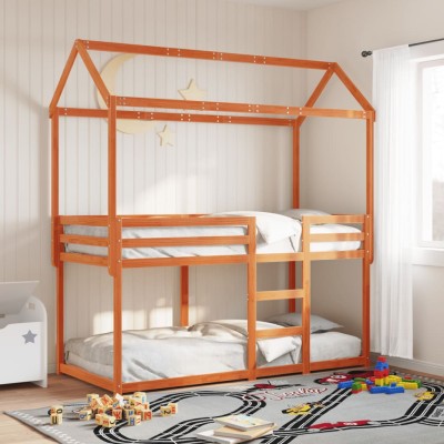 Cama litera con techo madera maciza pino marrón cera 90x190 cm