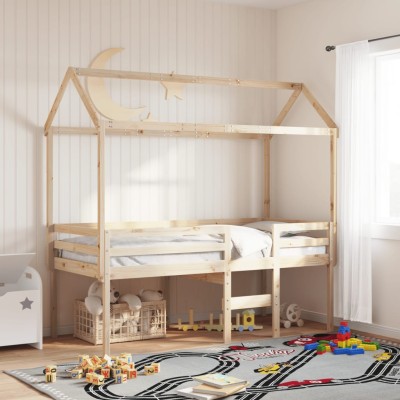Cama alta con techo madera maciza de pino 90x200 cm