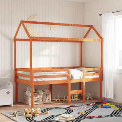 Cama alta con techo madera maciza de pino marrón cera 75x190 cm