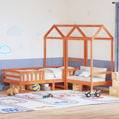 Set de cama y banco con techo madera pino marrón cera 75x190 cm
