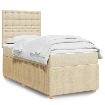 Cama box spring con colchón tela color crema 90x200 cm