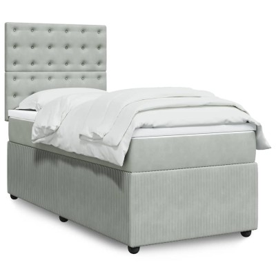 Cama box spring con colchón terciopelo gris claro 80x200 cm