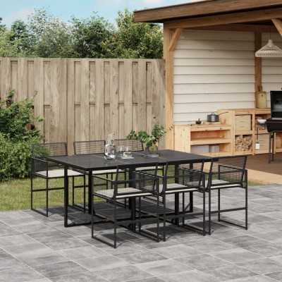 Set de comedor de jardín 7 pzas y cojines ratán sintético negro