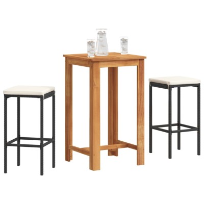 Mesa y taburetes de jardín 3 pzas madera acacia ratán PE negro