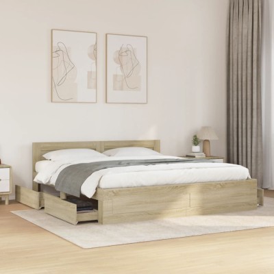 Cama con cabecero madera de ingeniería roble Sonoma 200x200 cm