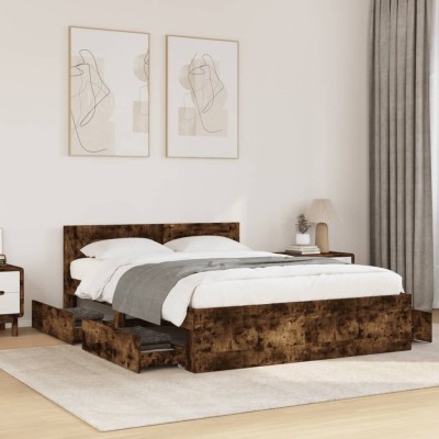 Cama con cabecero madera de ingeniería roble ahumado 120x200 cm