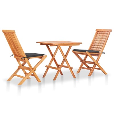 Set de bistró 3 pzas con cojines antracita madera maciza teca