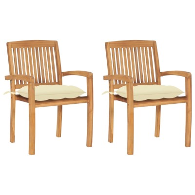 Sillas de jardín 2 uds madera de teca con cojines blanco crema