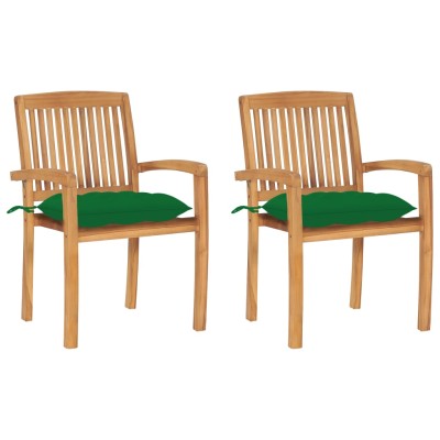 Sillas de jardín 2 uds madera maciza de teca con cojines verdes