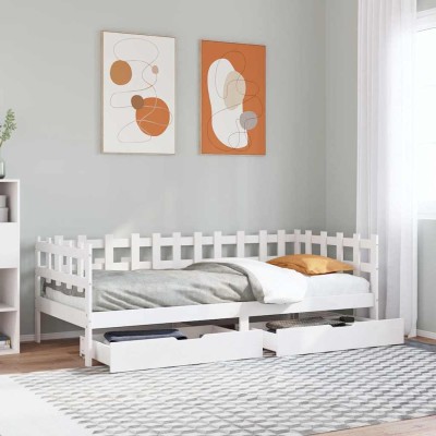 Sofá cama con cajones madera maciza de pino blanca 80x200 cm
