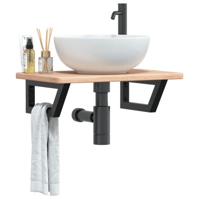 Estante de lavabo de pared de acero y madera maciza de roble