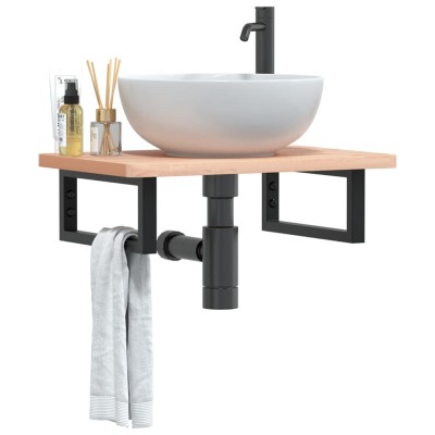 Estante de lavabo de pared de acero y madera maciza de haya