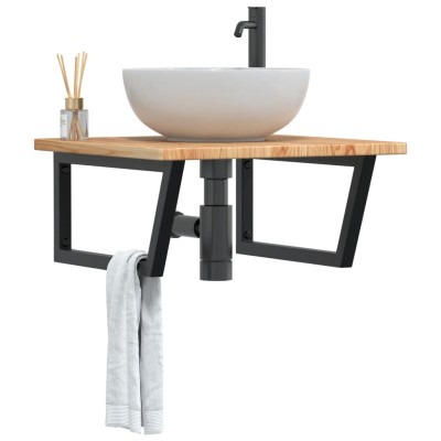 Estante de lavabo de pared de acero y madera maciza de roble