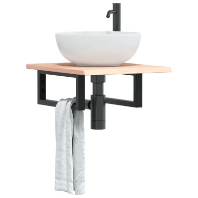 Estante de lavabo de pared de acero y madera maciza de roble