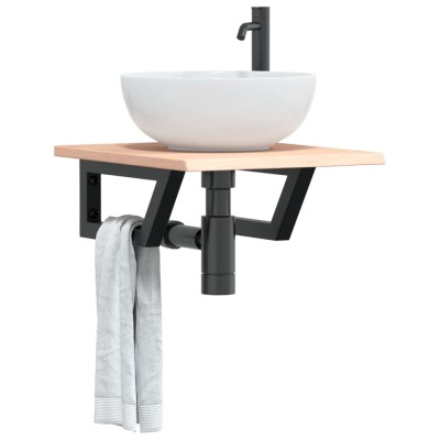Estante de lavabo de pared de acero y madera maciza de roble