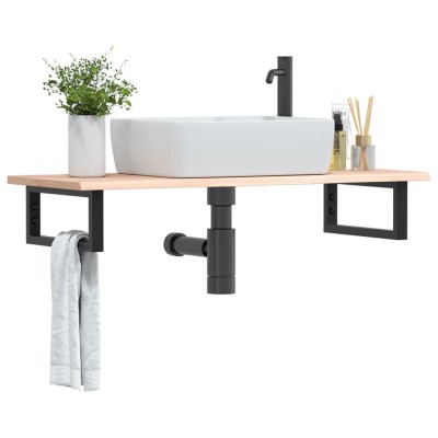 Estante de lavabo de pared de acero y madera maciza de roble