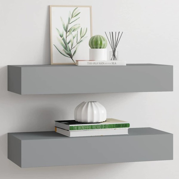 Estantes de pared con cajón 2 uds MDF gris 60x23,5x10 cm