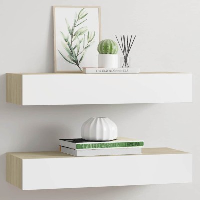 Estantes de pared con cajón 2 uds MDF roble/blanco 60x23,5x10cm