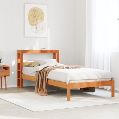 Estructura cama con cabecero madera pino marrón cera 75x190 cm