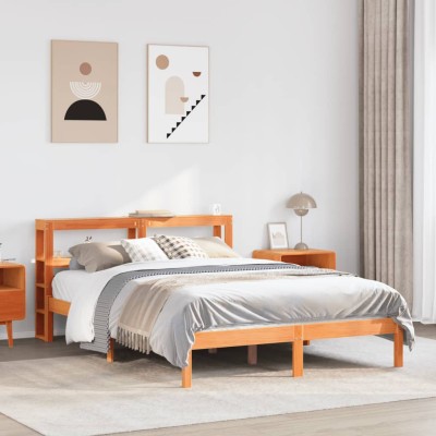 Estructura cama con cabecero madera pino marrón cera 135x190 cm