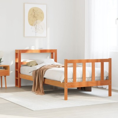 Estructura cama con cabecero madera pino marrón cera 100x200 cm
