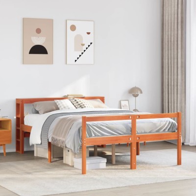 Estructura cama con cabecero madera pino marrón cera 135x190 cm