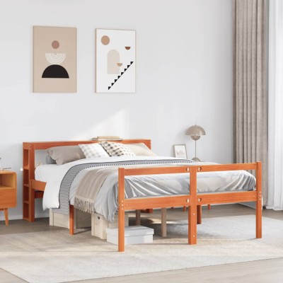 Estructura cama con cabecero madera pino marrón cera 150x200 cm