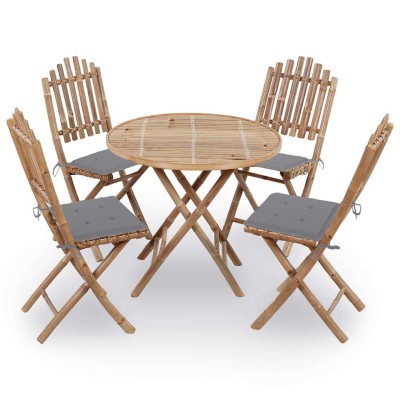 Set de comedor exterior plegable 5 piezas con cojines bambú