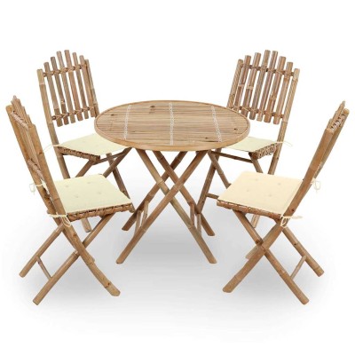 Set de comedor exterior plegable 5 piezas con cojines bambú