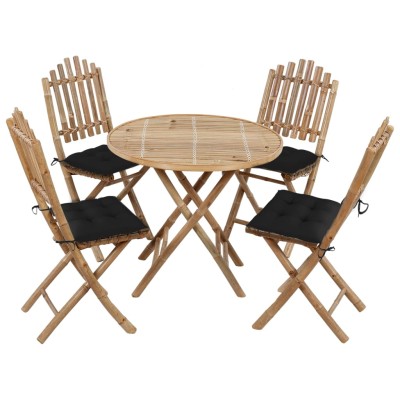Set de comedor de jardín plegable 5 piezas con cojines bambú