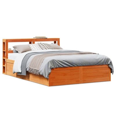 Estructura cama con cabecero madera pino marrón cera 140x190 cm