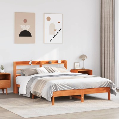 Cama sin colchón madera maciza de pino marrón cera 160x200 cm